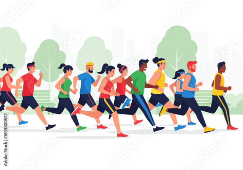 Group of diverse people running marathon near trees and buildings. Suitable for sports, fitness, health, lifestyle, and outdoor activities.