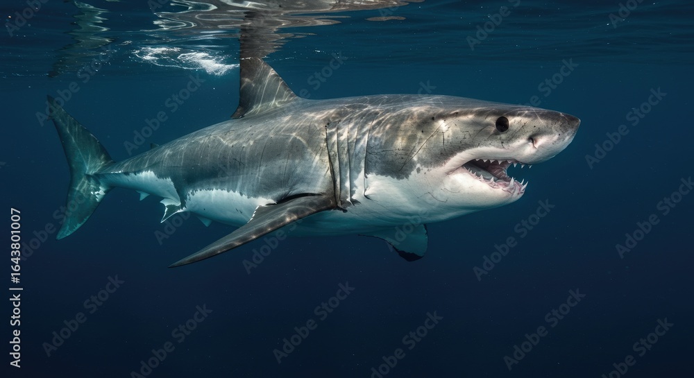 Naklejka premium Majestic Great White Shark Surfaces with Powerful Jaws and Keen Eyes in Deep Blue Ocean