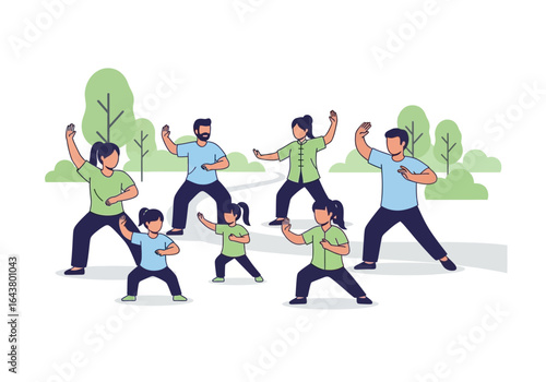 People practicing tai chi in serene park setting, suitable for health and wellness publications, websites, and advertising materials.
