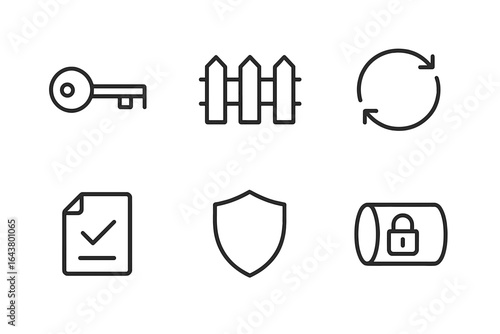 Icons representing security and protection concepts including keys, fences, and locks