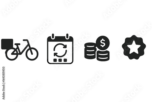 Delivery service concept featuring bicycle, scheduling, financial planning, and customer rewards symbols