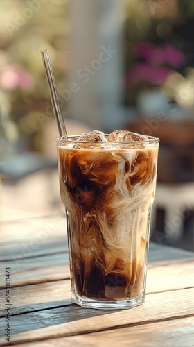 Refreshing Iced Coffee with Cream Swirl in Sunlight