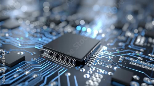 Close-up Macro View of a Powerful Computer Processor on a Circuit Board with Glowing Electric Connectors for Technology Use