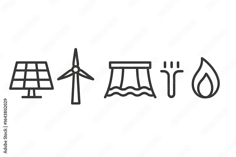 Renewable energy sources represented by symbols of solar, wind, hydro, geothermal, and natural gas in a modern design Renewable energy sources represented by symbols of solar, wind, hydro, geothermal, and natural gas in a modern design