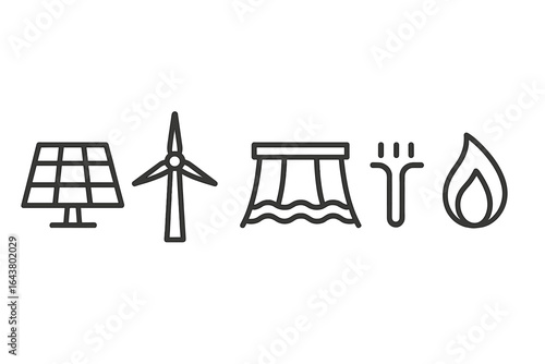 Renewable energy sources represented by symbols of solar, wind, hydro, geothermal, and natural gas in a modern design