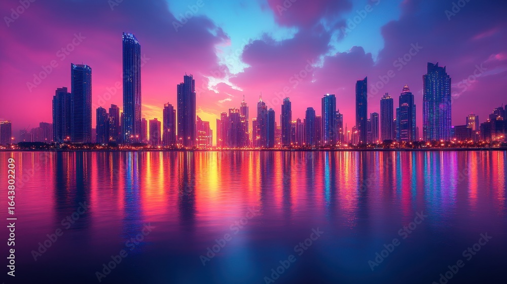 Obraz premium Vibrant city skyline at sunset with reflective waterfront