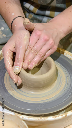 Hands crafting clay pot on pottery wheel ceramic art process