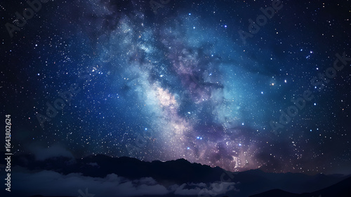 A breathtaking night sky featuring the Milky Way galaxy in vivid detail. Countless stars shimmer across the darkness, while the Milky Way forms a luminous band of cosmic dust.