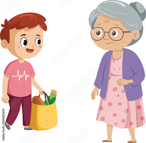 Boy helping grandmother with groceries, cartoon family care, kindness and love, elderly woman smiling, child supporting senior, vector illustration