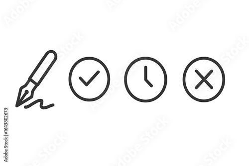 Signatures and symbols representing approval, time management, and disapproval in a minimalist design concept