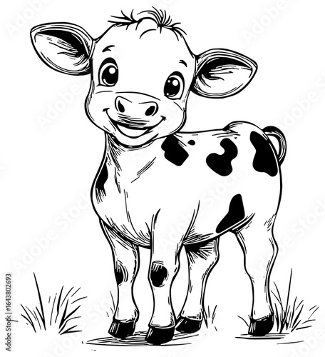 Cute baby cow coloring page illustration in black 