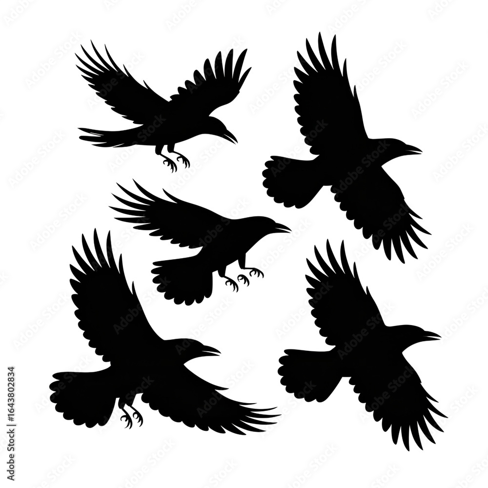 Fototapeta premium Stylized Crow Silhouettes: Dark, Mystical, Flight Pattern, Graphic Art, Vector Illustration.