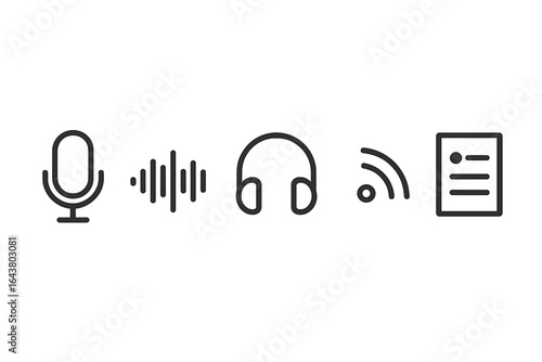 Modern audio technology symbols represent podcasting and digital communication in a clean, minimalist design