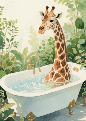 Canvas Print funny giraffe soaking in the bathtub Illustrator Artwork design template poster