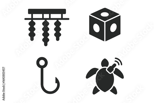 Creative designs of various objects including a turtle, a hook, a die, and screws displayed in a minimalistic style