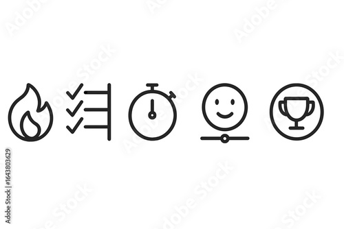 Symbols representing motivation, progress, and achievements in a minimalist style with a focus on success and time management