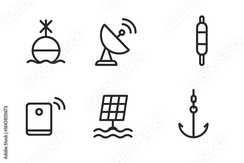 Icons representing various marine and tech elements in a minimalist style ideal for educational or informational use