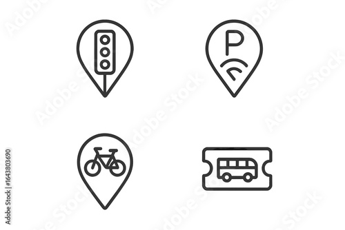 Navigational symbols represent urban transportation options like traffic lights, parking, bicycles, and bus tickets in a modern cityscape