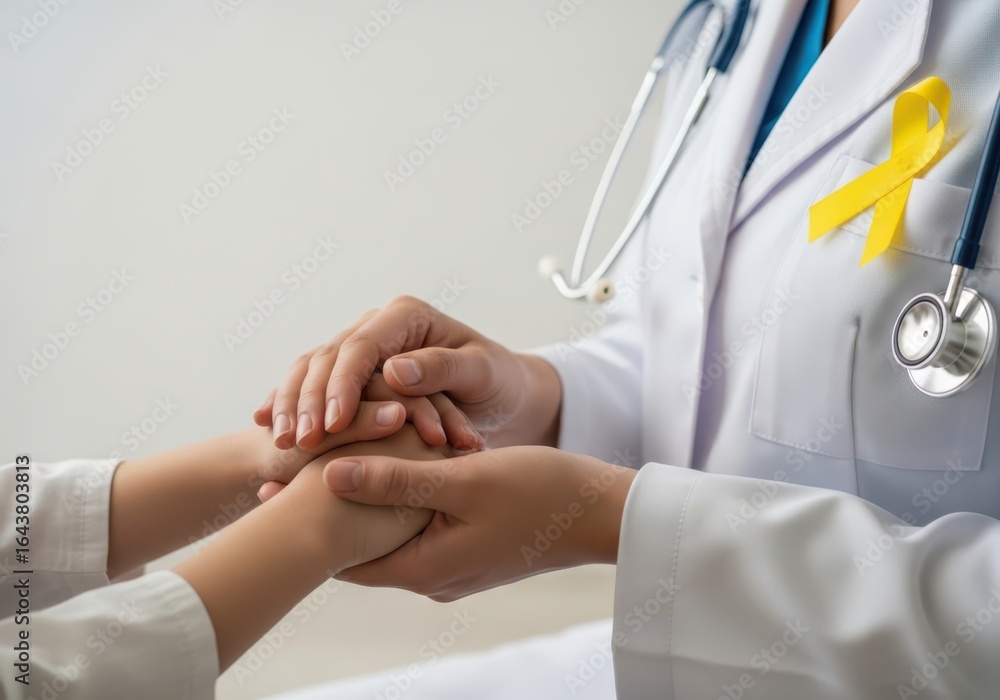 Obraz premium Doctor offering comfort and support with a yellow ribbon symbolizing childhood cancer awareness
