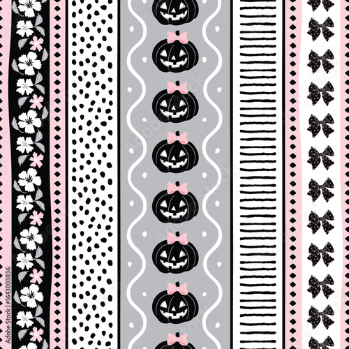 Black and blush pink Coquette Halloween striped seamless pattern with jack-o’-lanterns, bows, florals, and polka dots. Cute and spooky background for fabric, wallpaper, gift wrap, textile, nightwear. 
