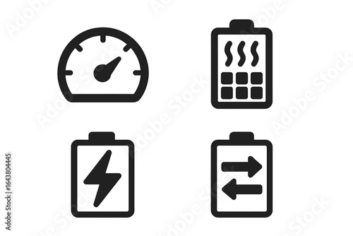 Battery icons representing various functionalities for energy management systems in modern technology