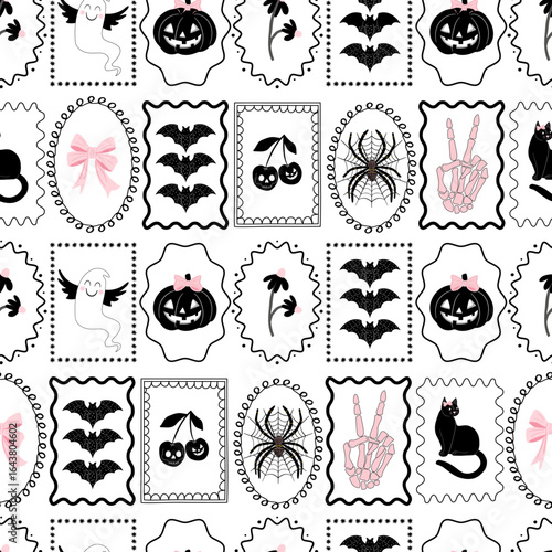 Coquette Halloween cameo frame seamless pattern. Black Pink Cute Spooky repeat design featuring Ghosts, Pumpkins, Bows, Cats & Bats.