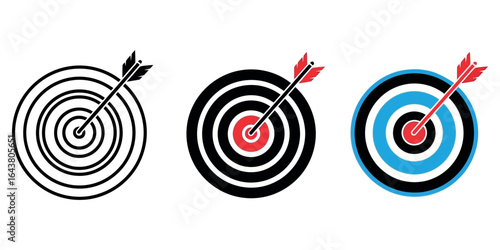Three stylized targets with arrows hitting the bullseye in black white red and blue dart archery