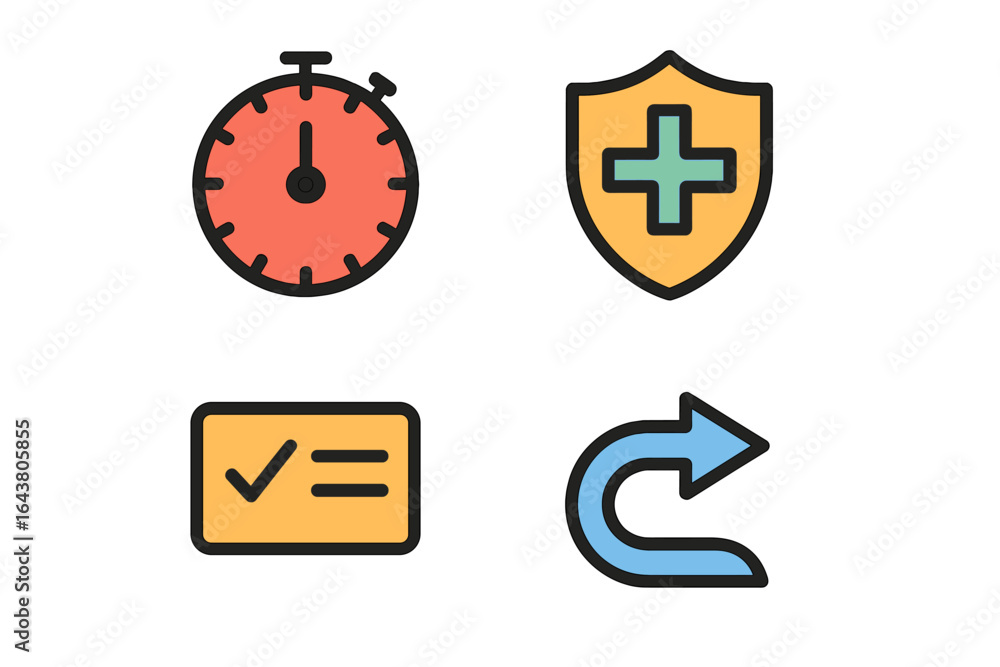 Fototapeta premium Icons representing time management, health, organization, and navigation in a minimalist design style for user interfaces