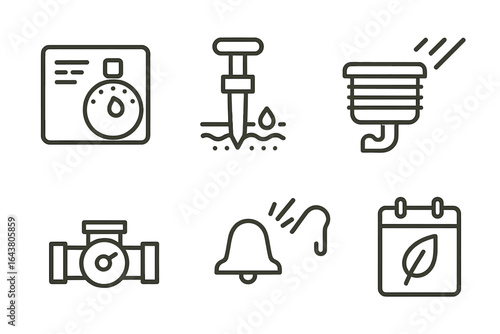 Various plumbing and irrigation icons depicting tools and equipment for water management and maintenance tasks