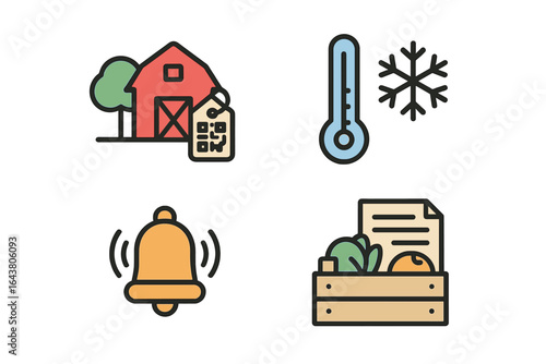 Understanding farm management practices through icons depicting temperature control, harvest notifications, and seasonal activities