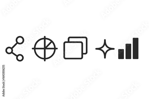 Symbols representing connection, target accuracy, image editing, enhancement, and growth metrics displayed in a minimalist style
