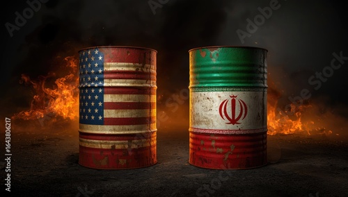 Symbolic depiction of us and iran oil barrels against a backdrop of fire and smoke representing geopolitical tensions and energy conflict