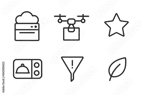 Creative icons representing delivery services, technology, and nature in a minimalist design displayed on a white background
