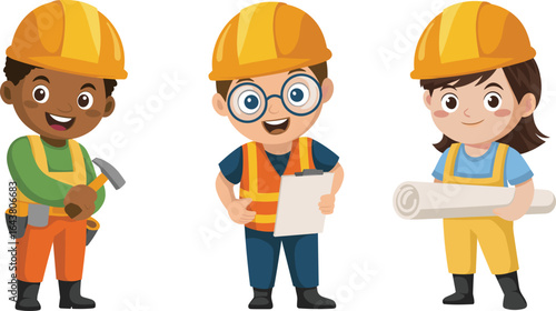 Cartoon kids in construction gear, young engineers, teamwork, holding tools, blueprint, and clipboard, STEM learning, safety helmet, architecture concept