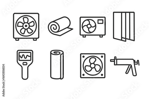 Various tools and equipment for ventilation and air circulation used in indoor environments