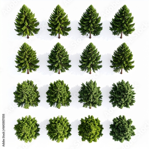 Top-down view of various conifer tree models