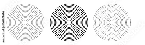 Concentric circle set. Radial stripes shape. Sunburst icon, retro sunburst design. Ripple radial signal or vibration elements.