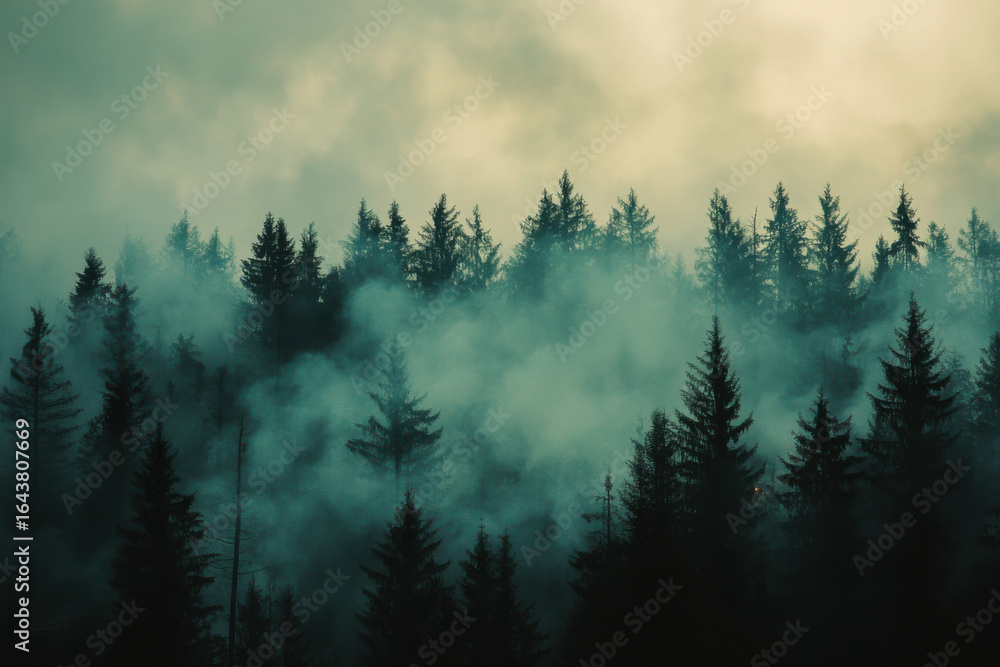 A dramatic view of tall trees surrounded by smoke in a forest, depicting the aftermath of a wildfire. A dramatic view of tall trees surrounded by smoke in a forest, depicting the aftermath of a wildfire.