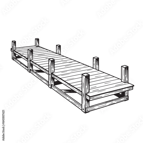 Detailed black and white illustration of a wooden dock extending over water