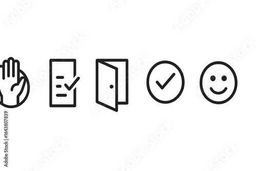 Visual representation of a simple process showing hand gestures, checklist, open door, verification, and happy face