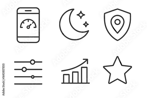 Design elements illustrating mobile app features for user interface enhancement and analytics in a digital context