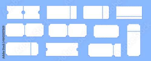 Blank paper tickets and coupons set. Empty admission cards for cinema, concert, festival, or store discounts.