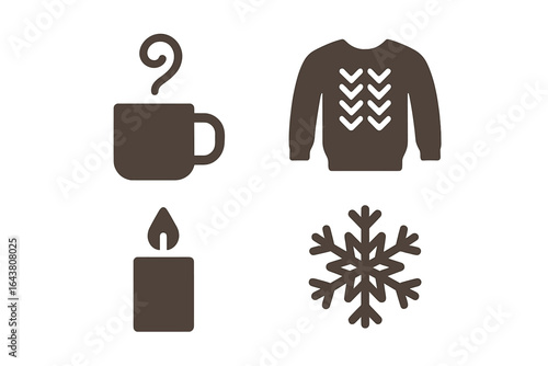 Cozy winter symbols featuring hot drink, sweater, candle, and snowflake for holiday season decoration