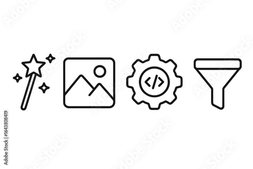 Icons representing creativity tools for digital design and content creation in a minimalist style suitable for modern applications