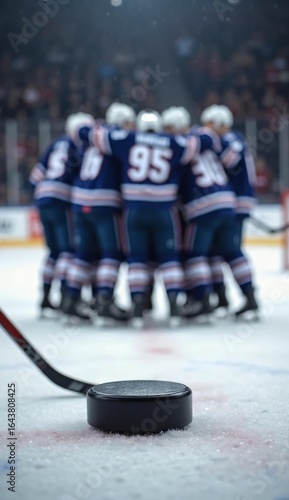 Hockey Team Huddle and Puck