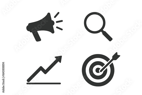 Symbols representing communication, research, growth, and targeting in marketing strategy design