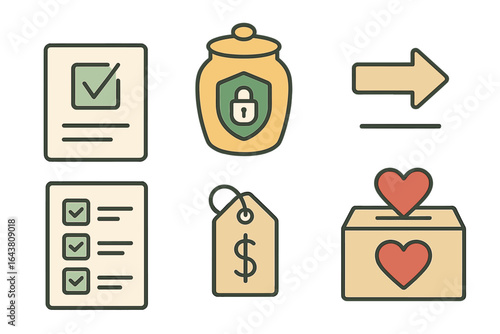 Various icons illustrating concepts of donations, fundraising, and financial tracking for charitable efforts