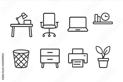 Workspace essentials featuring desk, chair, laptop, and office supplies in a minimalist style