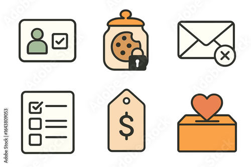 Icons representing various concepts including identity, security, communication, and finance in a modern design