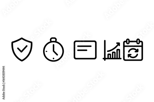Icons representing trust, time management, communication, growth, and scheduling for a productivity theme